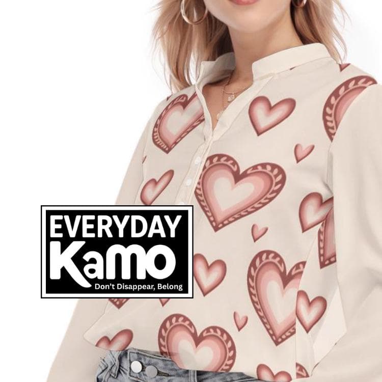 Charming Heart Print Long Sleeve Blouse | Versatile Button-Up Top | Everyday Kamo