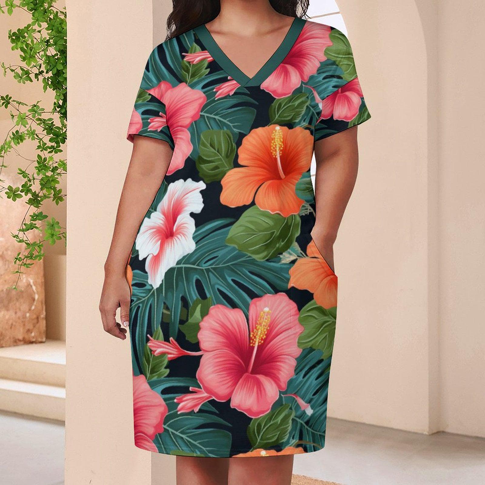 Vibrant Tropical Hibiscus Pocket Dress | Women's Floral Print V-Neck Summer Shift Mini