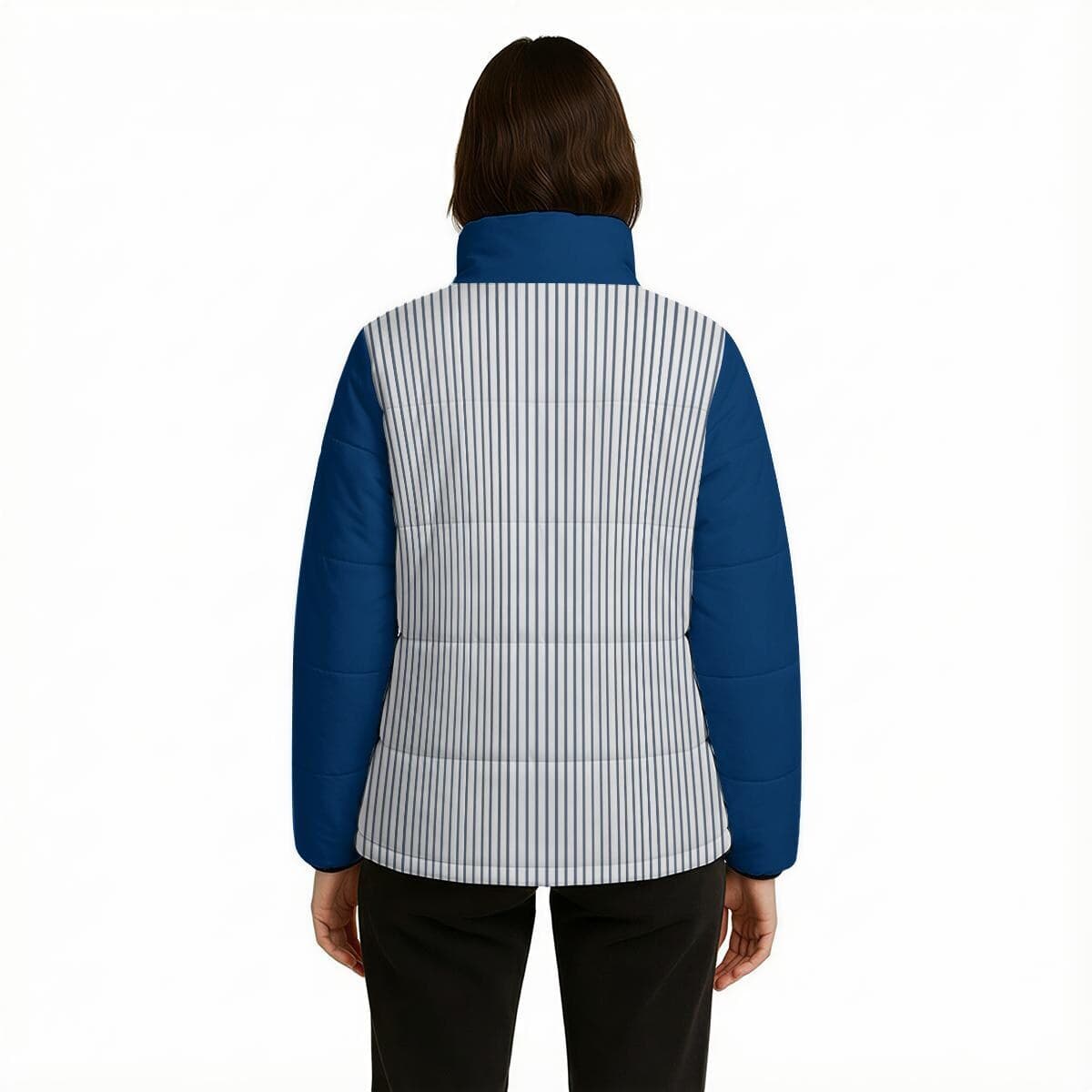Chic Striped & Blue Puffer Jacket | Lightweight Women's Padded Winter Coat | Stylish Stand-Up Collar Outerwear