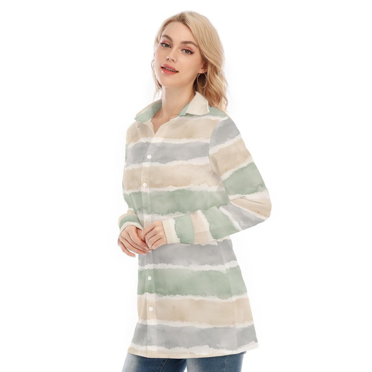 Watercolor Stripe Button Down Tunic | Cotton Spandex Stretch Blouse