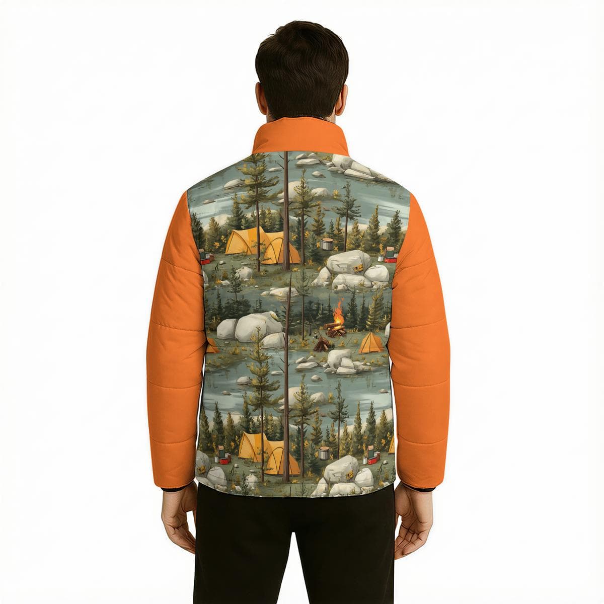 Forest Camping Puffer Jacket, Nature Scene Padded Coat, Outdoor Adventure Gear, Whimsical Campfire Print