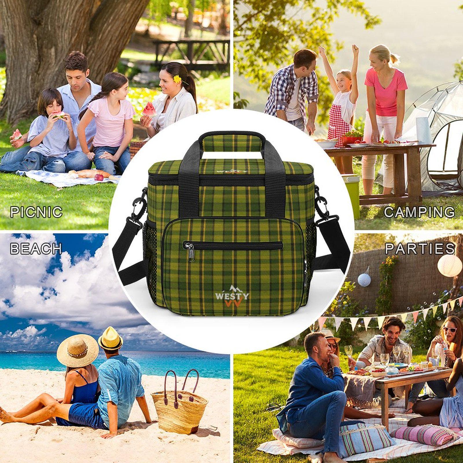 Green Plaid 30-Can Insulated Cooler Bag with Strap