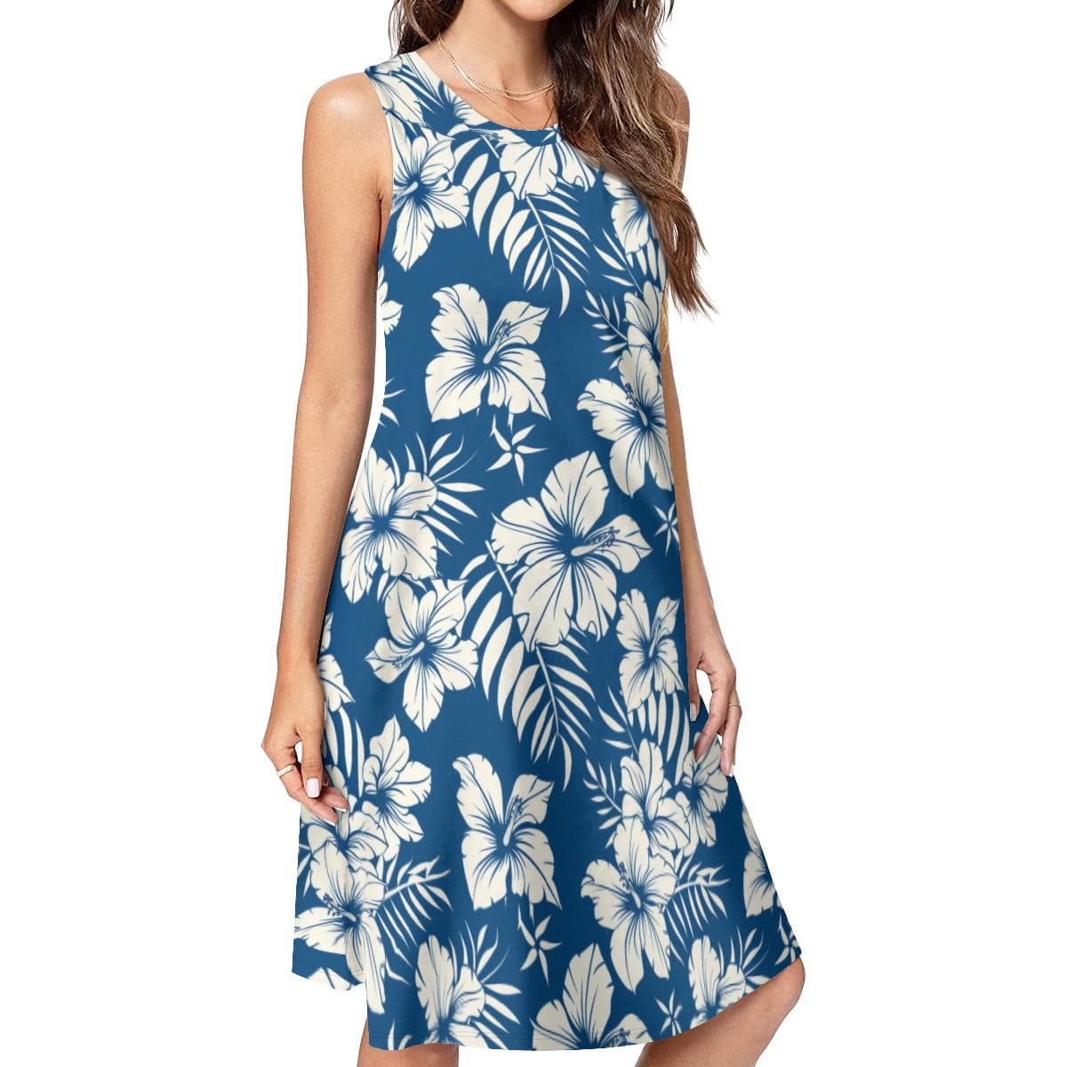 Tropical Hibiscus Sleeveless Dress with Pockets - Flowy Summer Knee-Length Comfort