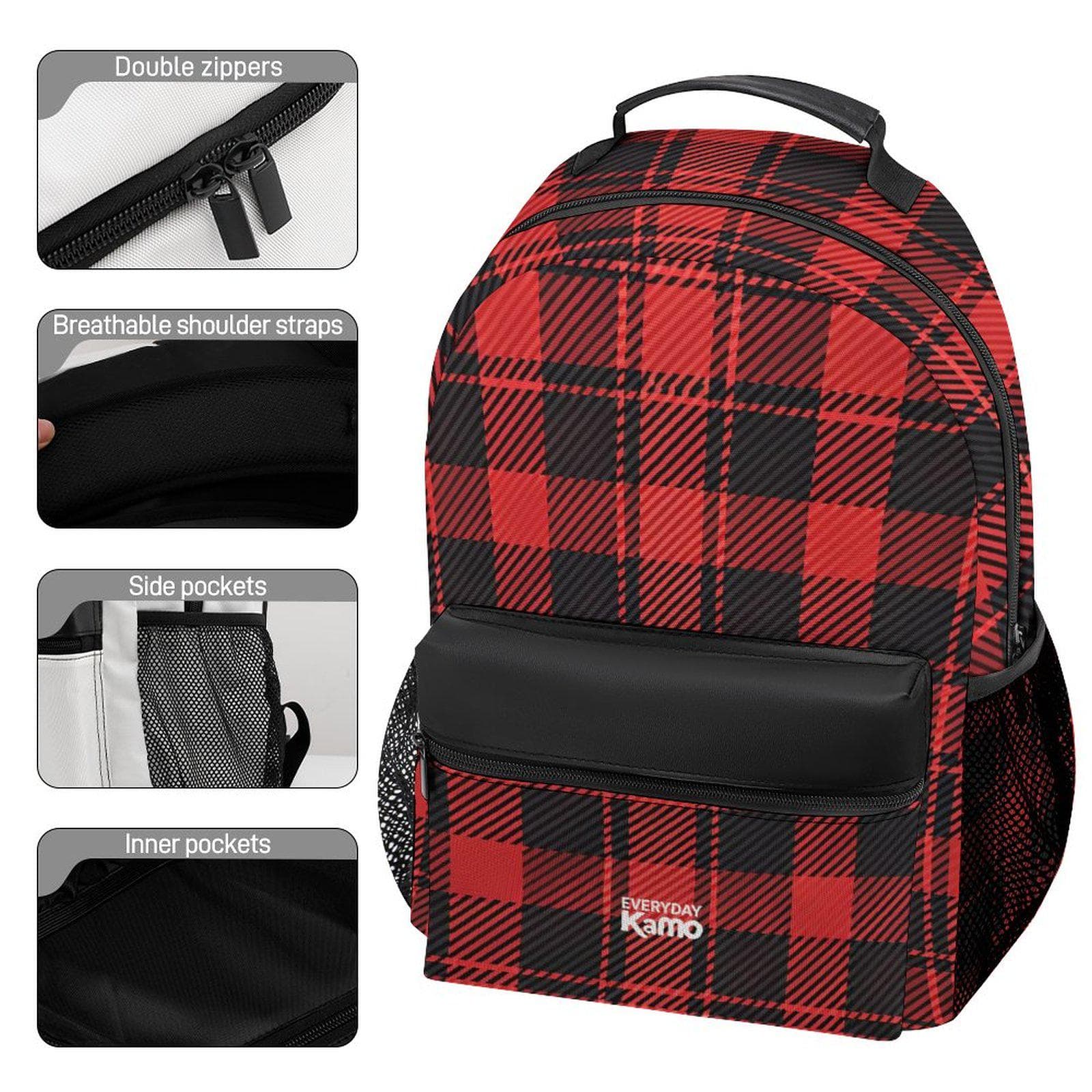 Everyday Kamo Plaid Power Backpack: Red & Black Buffalo Check Daypack with Leather Accents