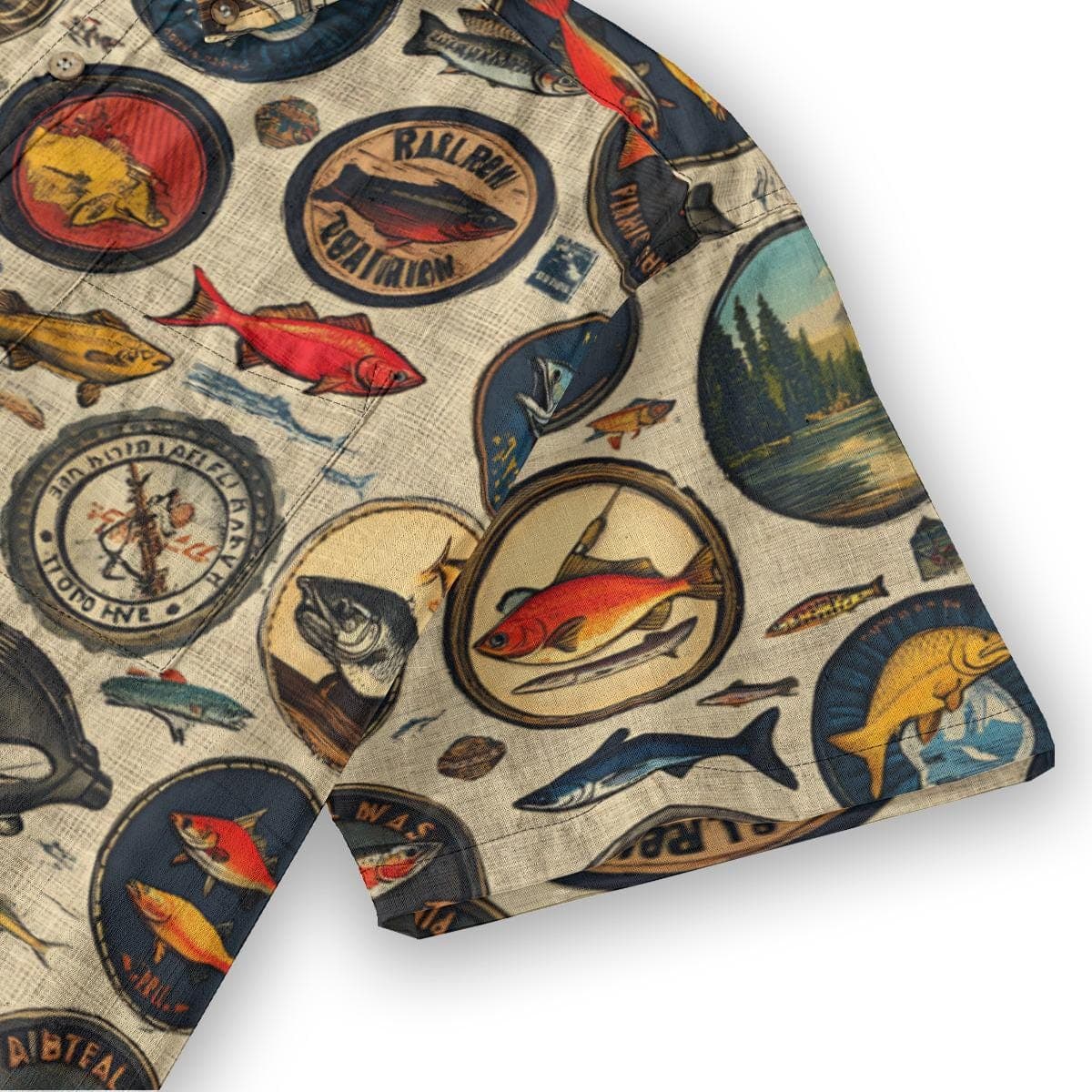 Vintage Fishing Print Slub Cotton Shirt | Hawaiian Outdoorsman Top