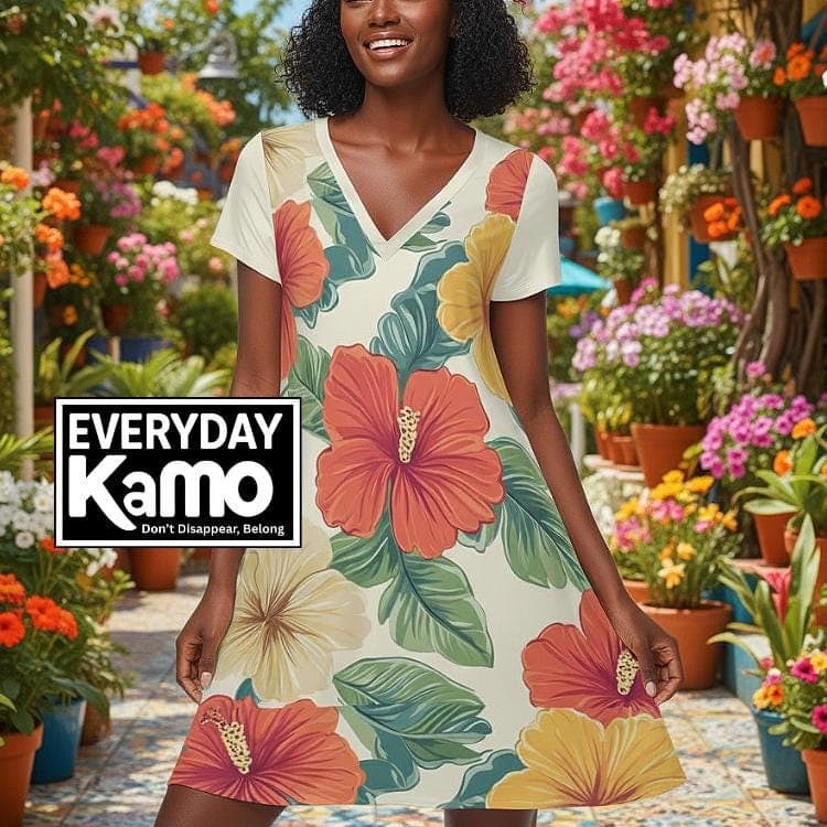 Everyday Kamo | Tropical Hibiscus V-Neck Dress | Short Sleeve Floral Mini Dress | Silky Milk Silk Resort Wear | Summer Vacation Casual