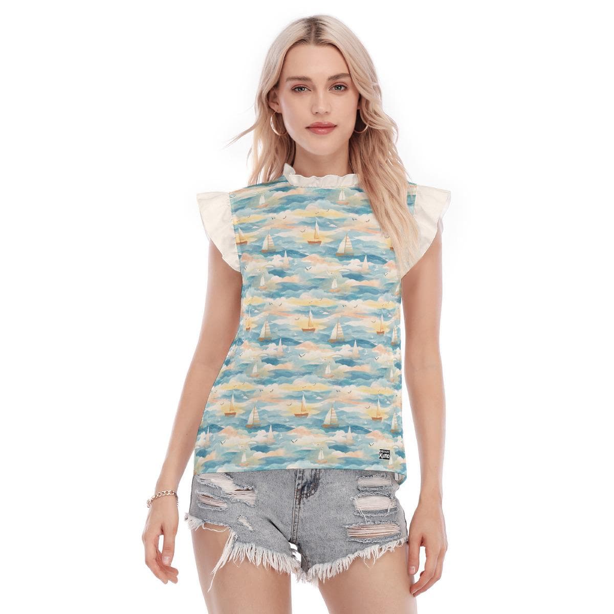 Elegant Sailboat Ruffle Blouse | Nautical Print Summer Top | Charming Ruffle Collar & Sleeve Shirt