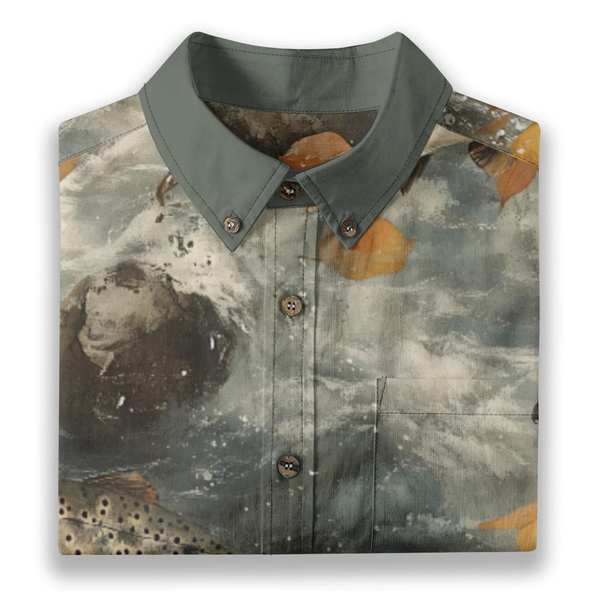 Trout River Print Cotton Shirt | Fishing Button Up, Nature Inspired