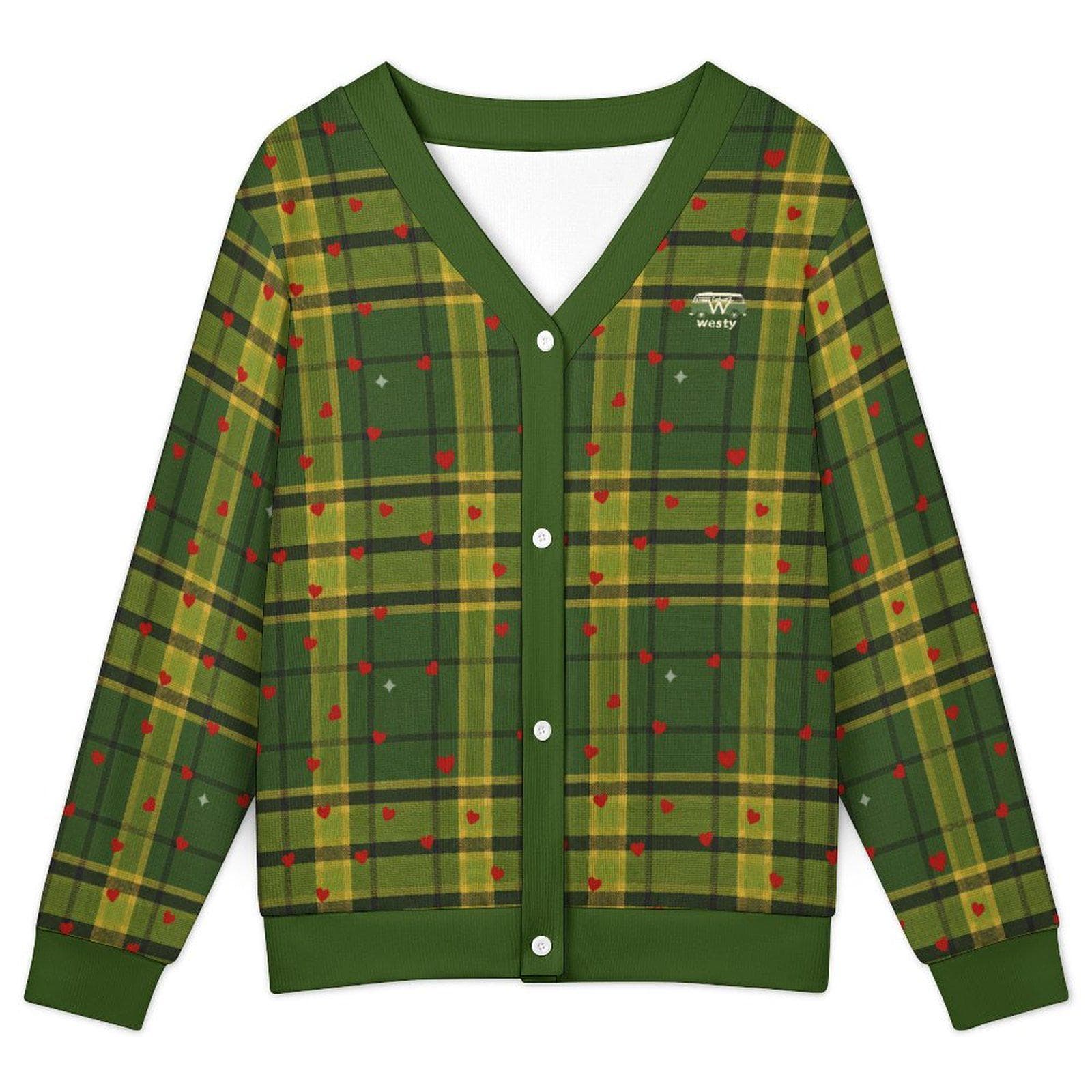 Cozy Plaid Button-Up Cardigan with Heart Accents - Warm & Stylish Knit Sweater