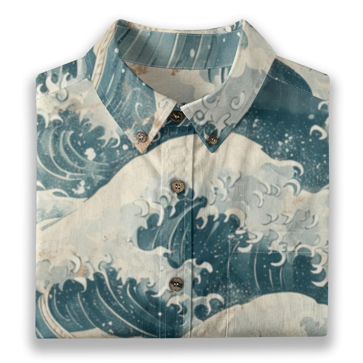Japanese Great Wave Cotton Shirt | Hokusai Ocean Art Button Up | Summer Vacation Aloha Shirt