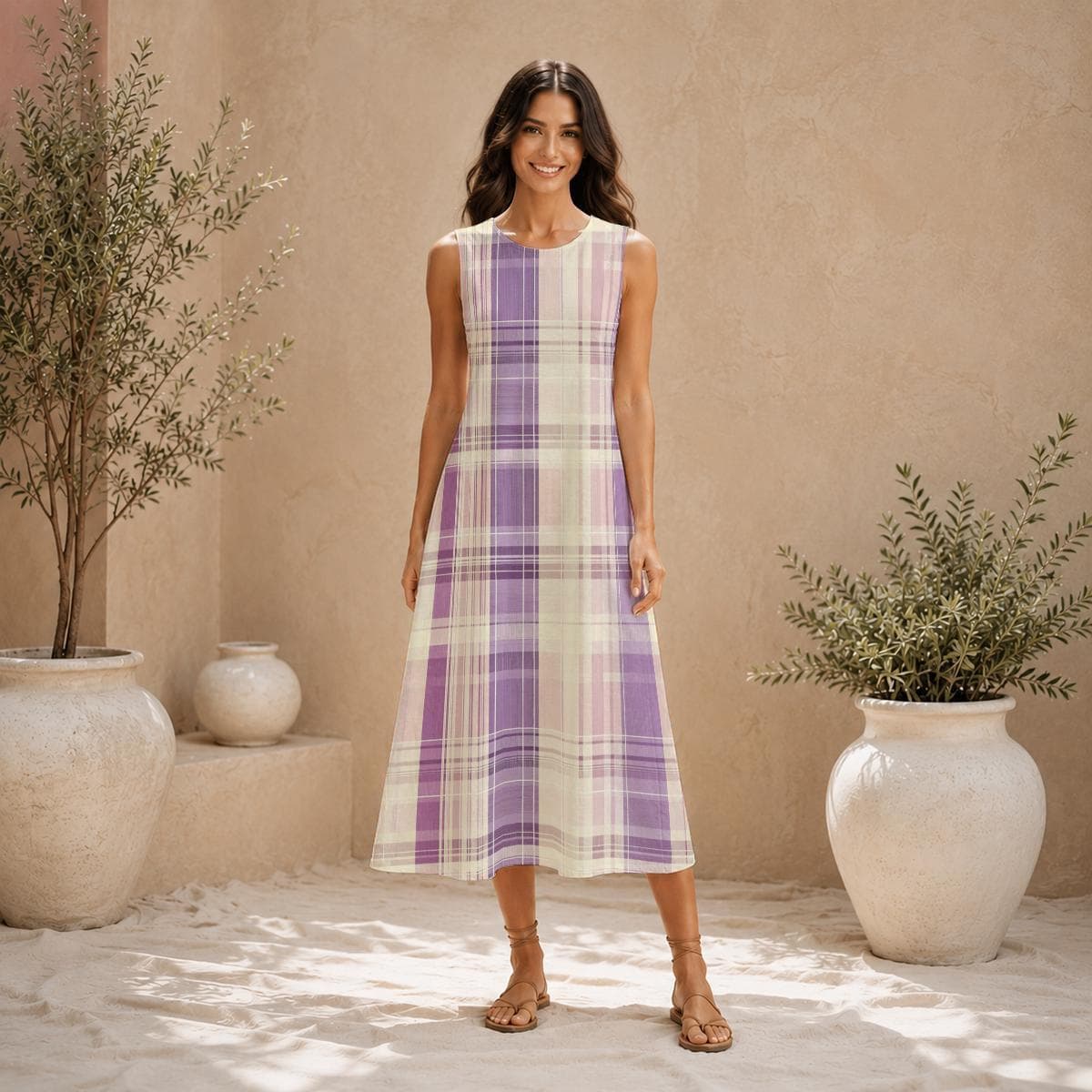 Purple Plaid Sleeveless Midi Dress, Cotton Slub A-Line Summer Sundress, Lightweight Textured Casual Maxi