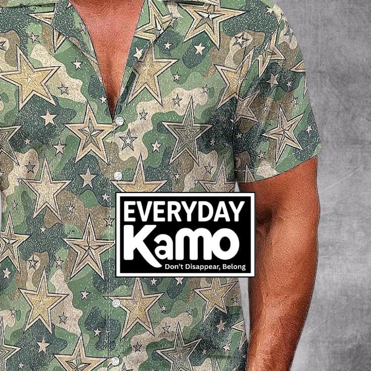 Men's Star Camouflage Hawaiian Shirt | Green Camo Aloha Shirt | Military Star Print Camp Collar Button Up | Breathable Summer Vacation Top