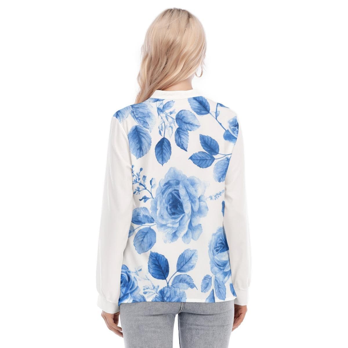 Blue Rose Floral Henley Blouse | Women's Long Sleeve Top