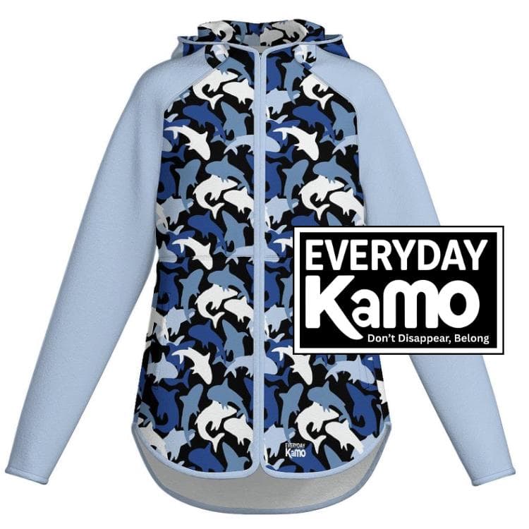 Shark Camo Full-Zip Fleece Jacket | Blue Ocean Pattern Hooded Slim Fit Warm Hoodie