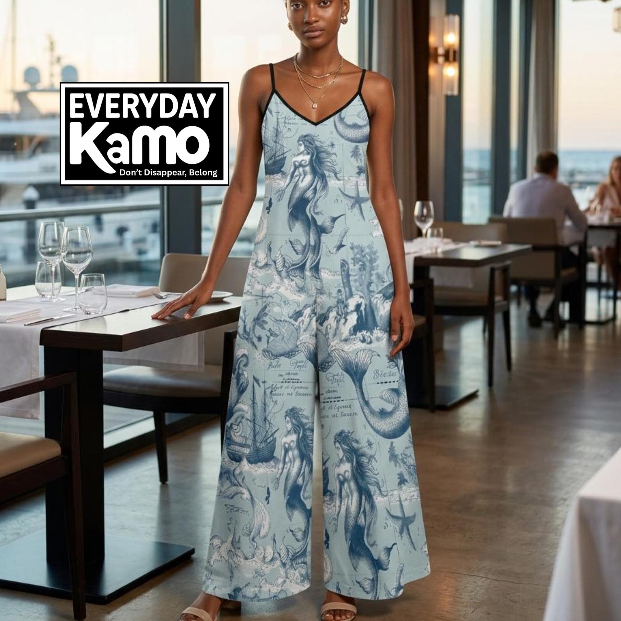Mermaid Print Jumpsuit Light Blue Palazzo Romper Suspender Beach Outfit