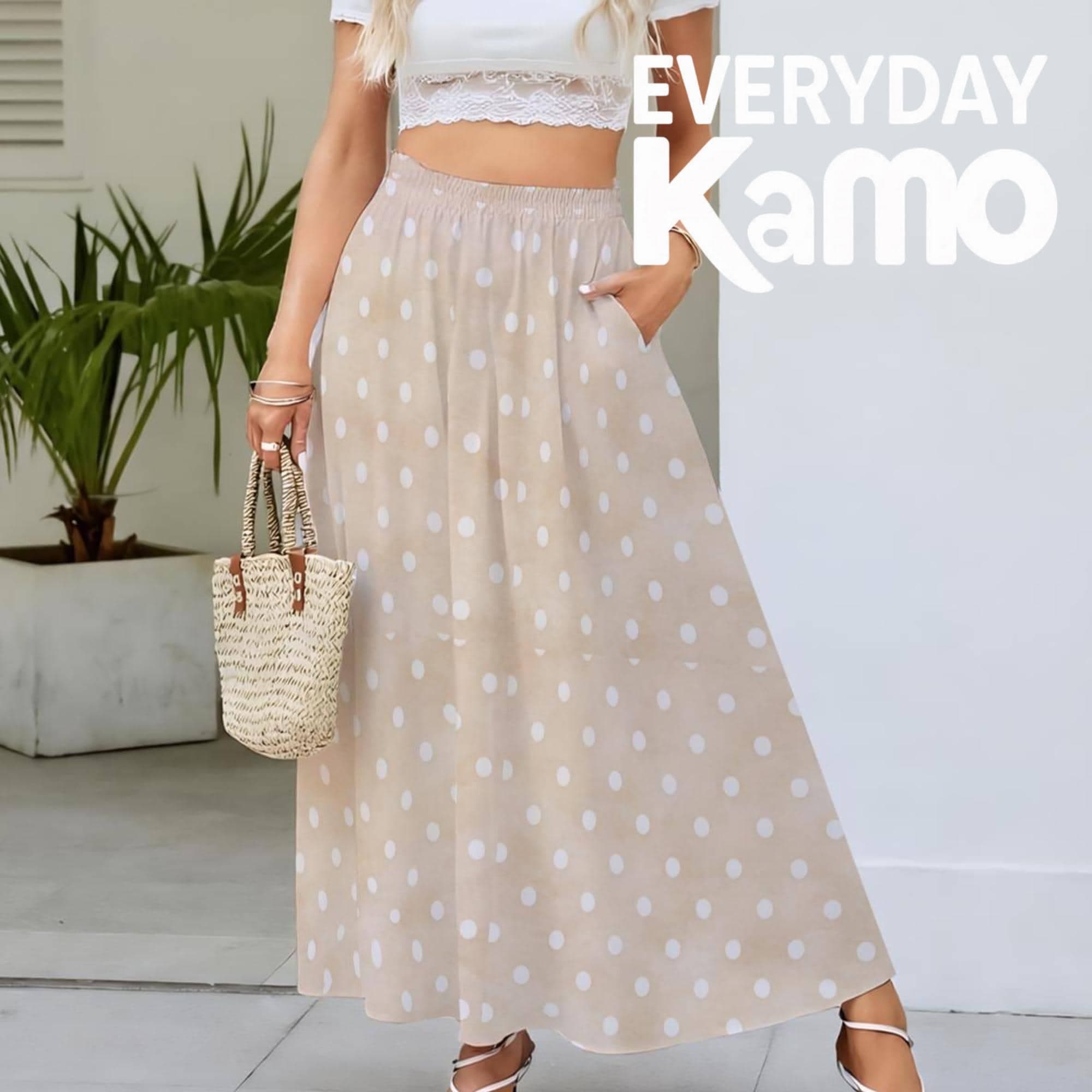 Polka Dot Maxi Skirt with Pockets | Elastic Waist Flowy Boho Beach Skirt