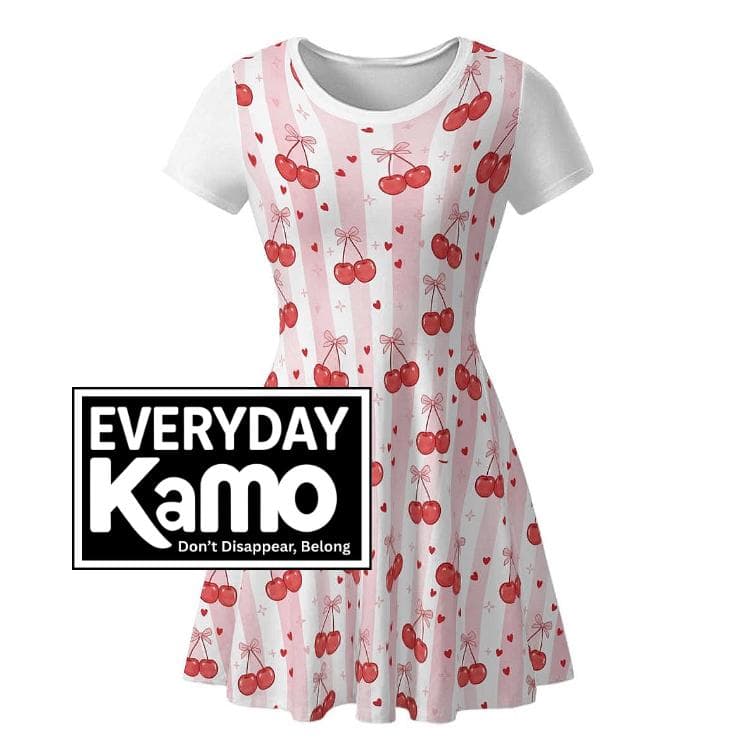 Sweet Cherry & Pink Stripe Summer Dress | Flowy Milk Silk Short Sleeve Women's Mini Dress | Cute Casual Everyday Sundress