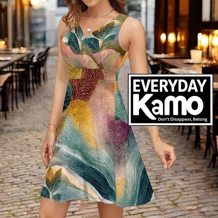 Everyday Kamo Abstract V-Neck Dress, Modern Summer Outfit. 180g Milk Silk Fabric