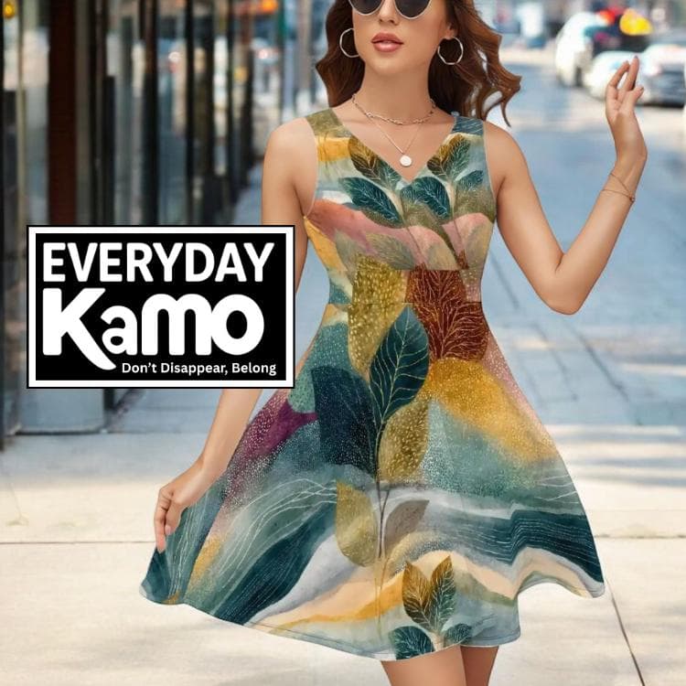 Everyday Kamo Abstract V-Neck Dress, Modern Summer Outfit. 180g Milk Silk Fabric