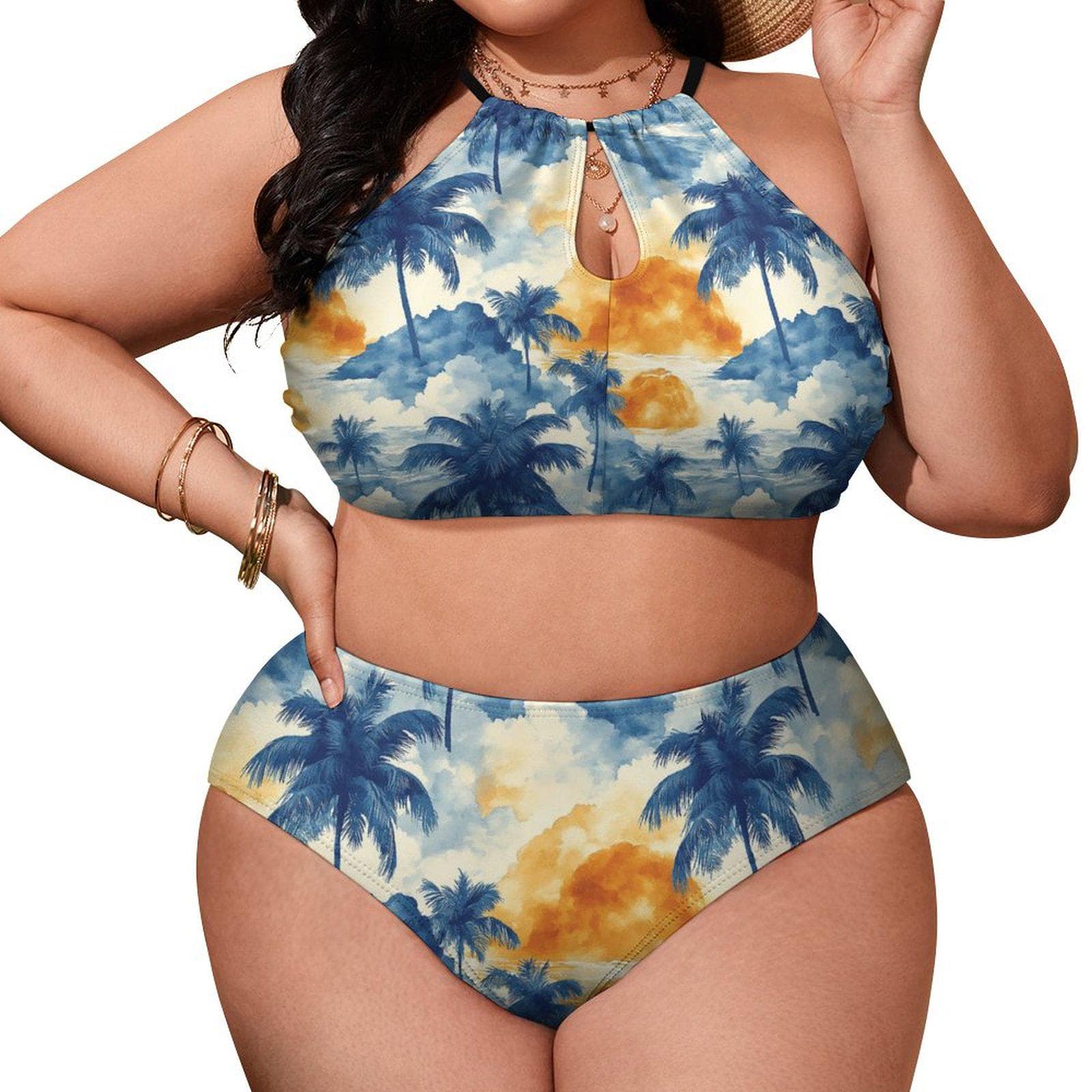 Sunset Paradise Plus Size Halter Bikini Set - Tropical Palm Print Swimwear