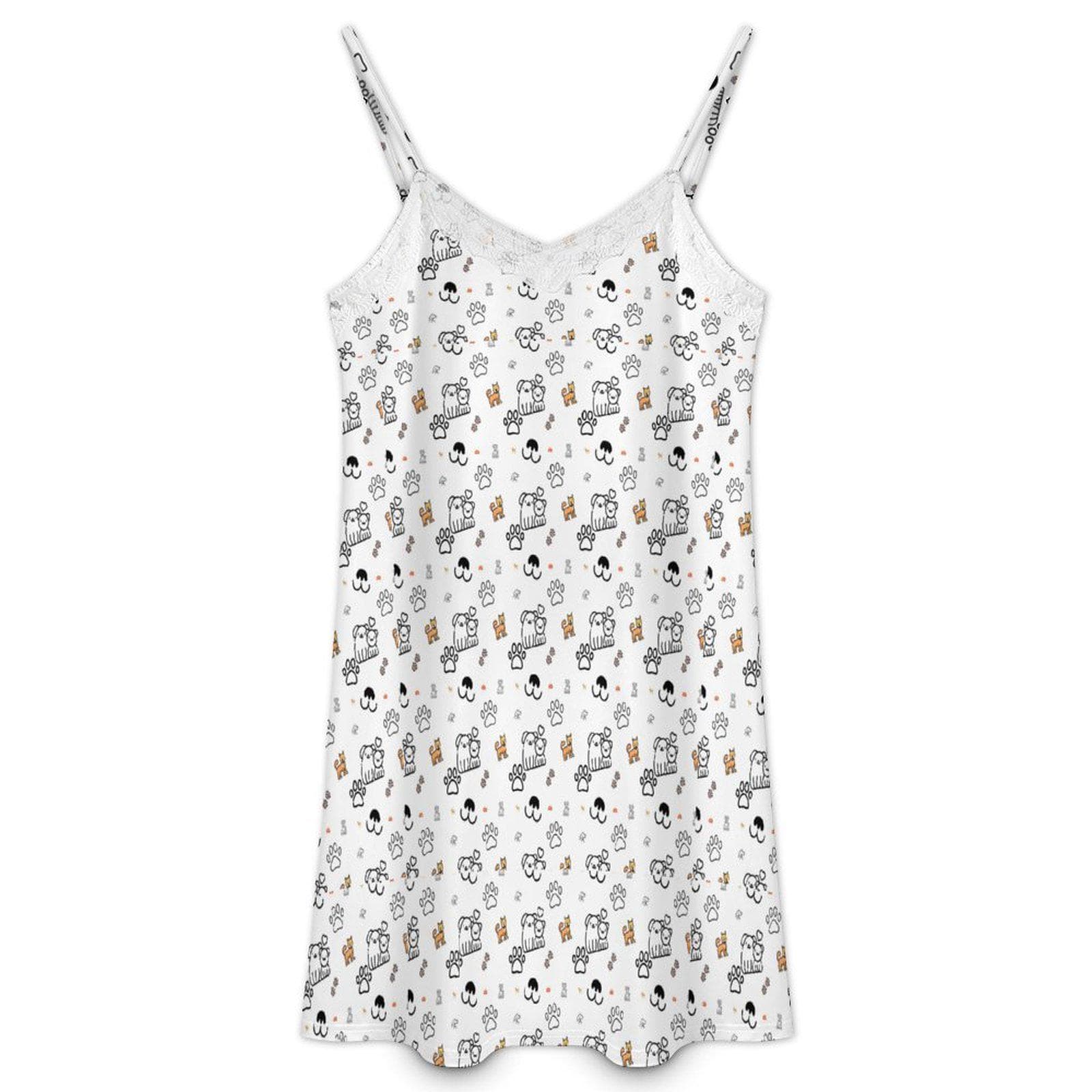 Dog Print Milk Silk Camisole Nightgown - Lace Trim Sleepwear