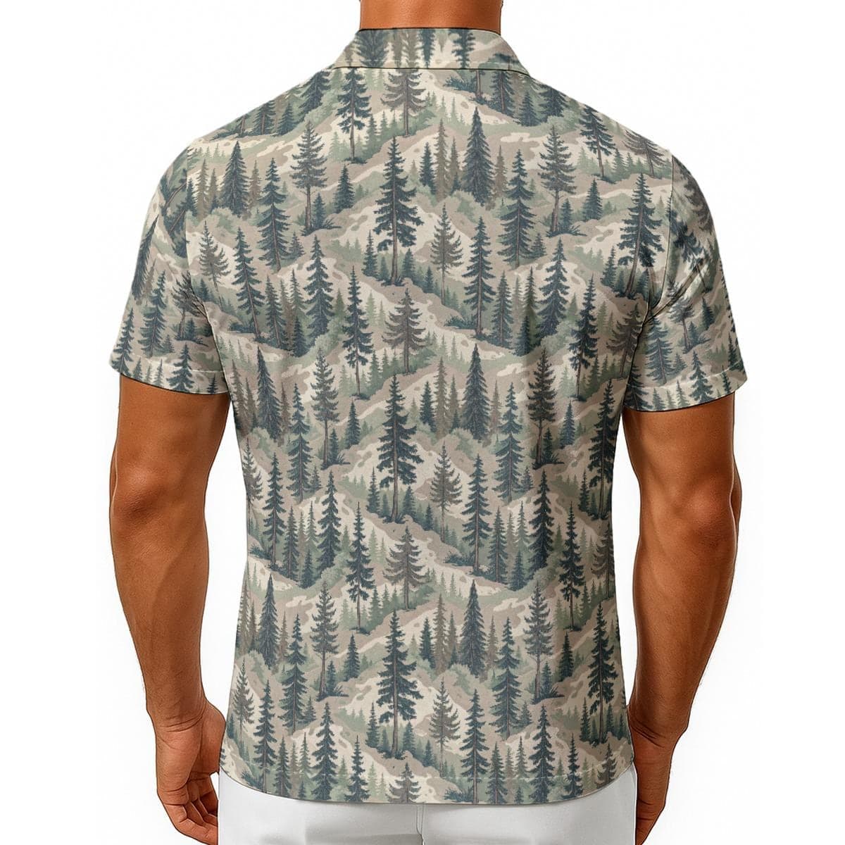 Men's Pine Tree Forest Hawaiian Shirt | Woodland Camo Camp Collar Button Up | Breathable Summer Nature Print Shirt