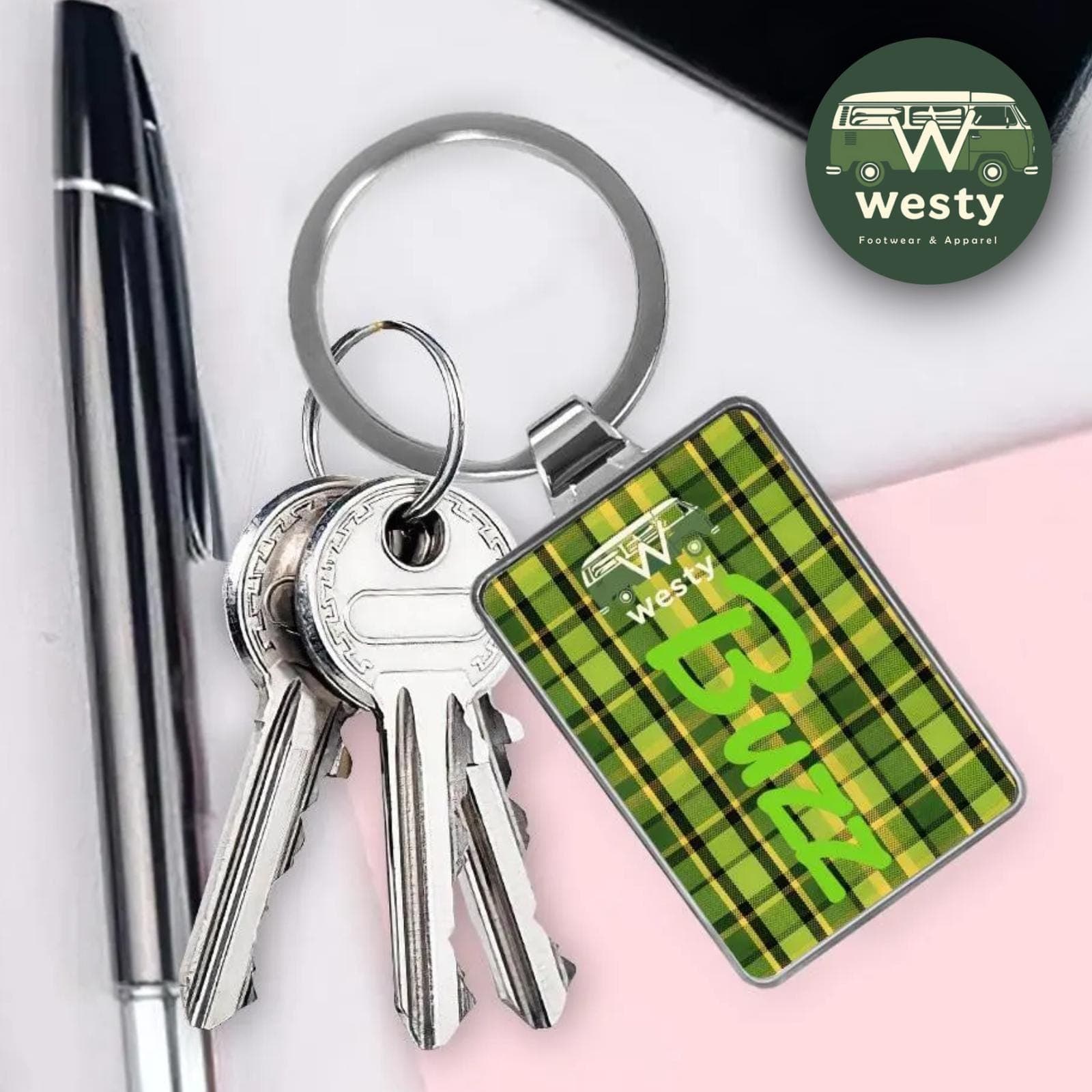 Westy Green Plaid VW Bus Keychain - Retro Camper Van
