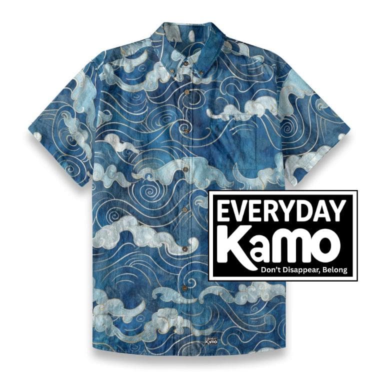 Japanese Waves & Clouds Slub Cotton Button Up Shirt