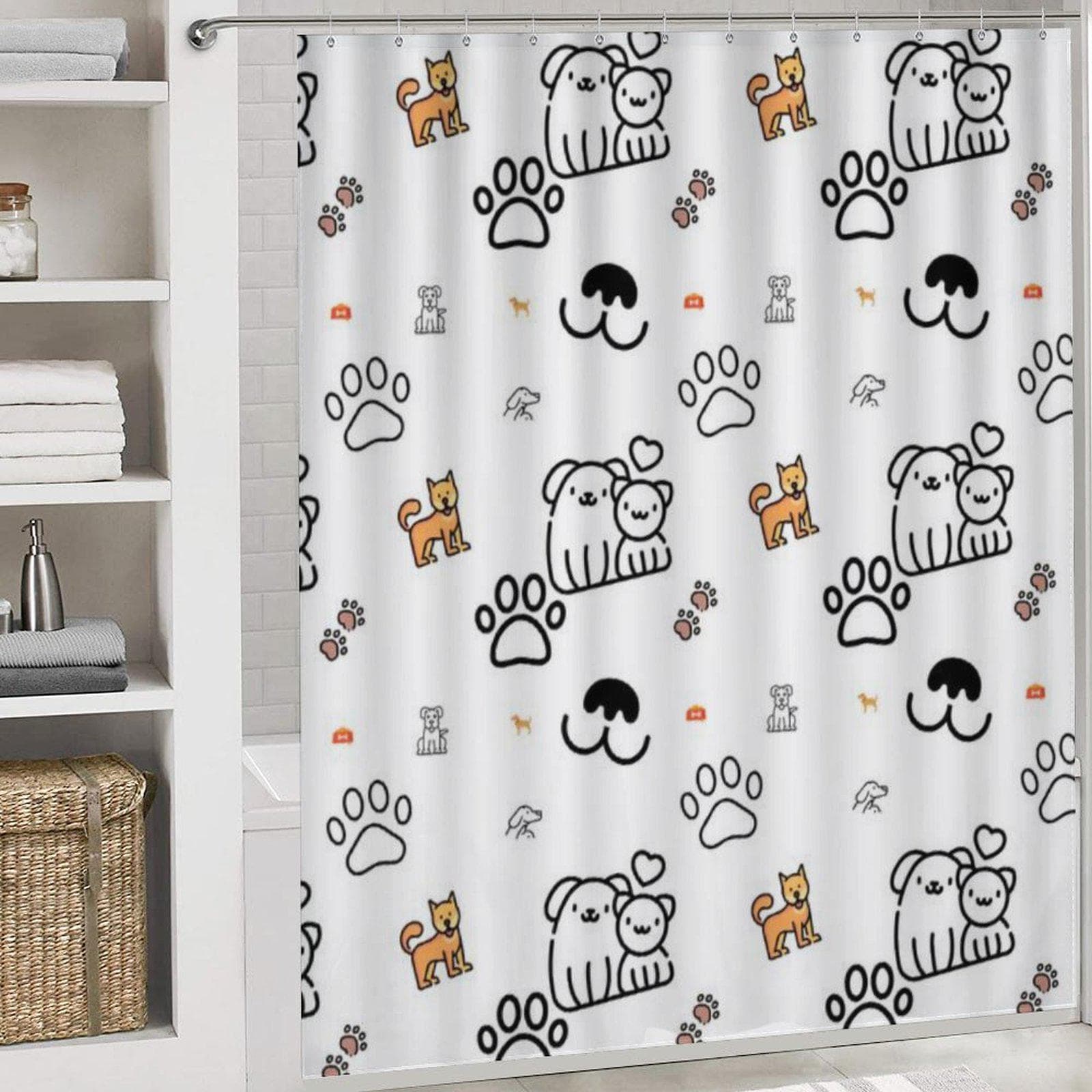 Cute Cat Dog 4-Piece Bathroom Set Shower Curtain Bath Mat Toilet Cover