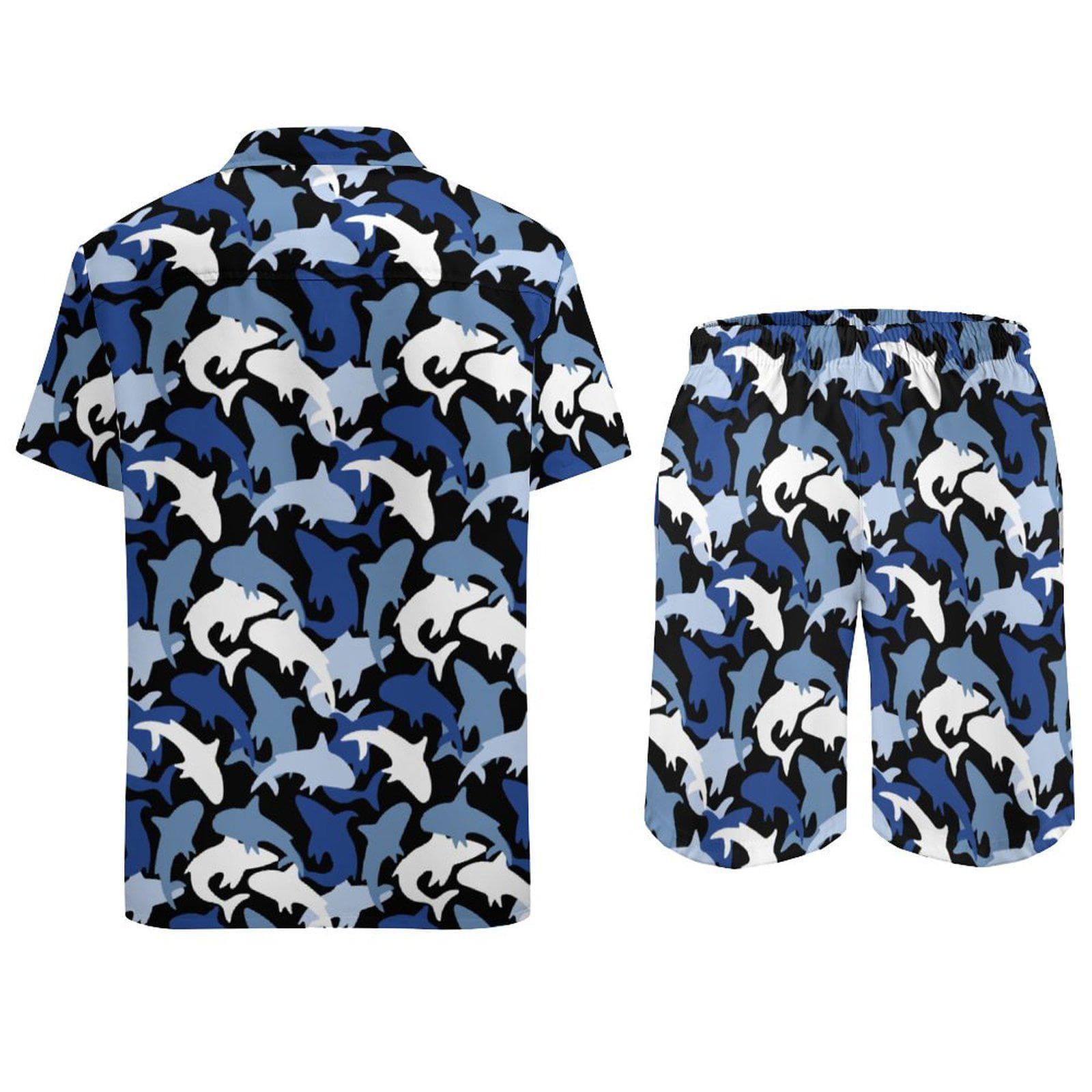 Everyday Kamo Men's Blue Ocean Camo Shirt & Shorts Set | Dolphin Shark Beach Outfit | Summer Vacation Hawaiian Two-Piece