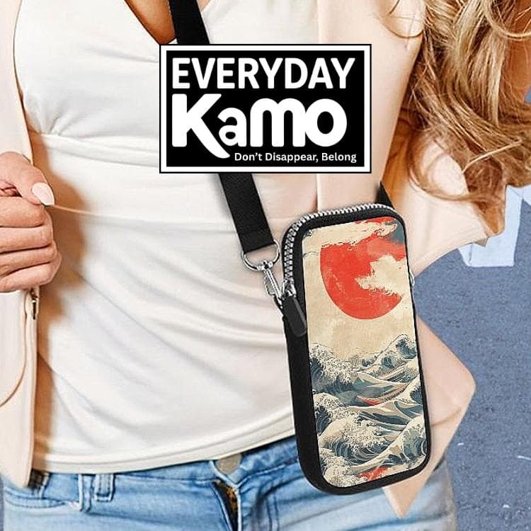 The Great Wave Neoprene Crossbody Phone Bag - Japanese Art Cell Pouch, Hokusai Style Minimalist Travel Wallet