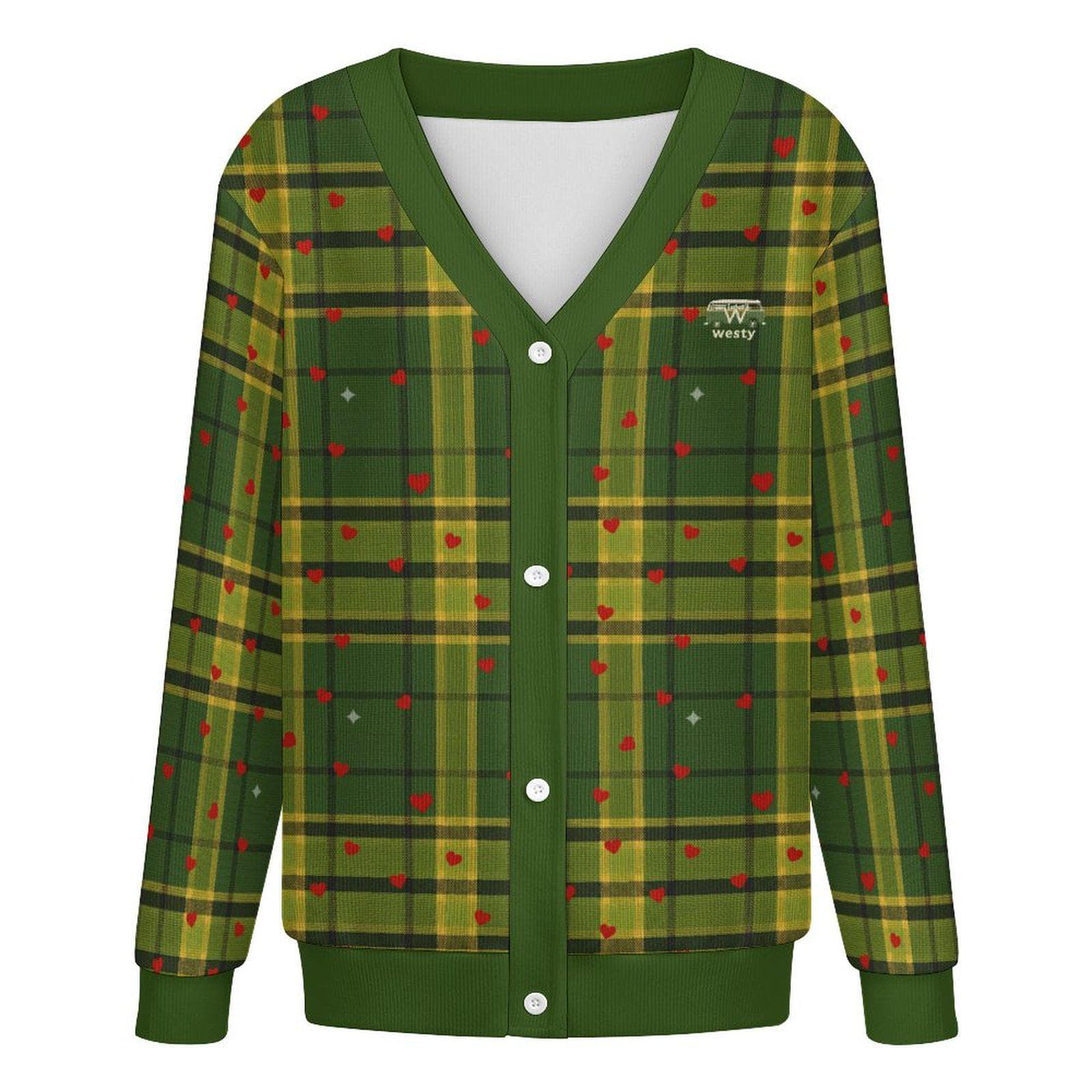 Cozy Plaid Button-Up Cardigan with Heart Accents - Warm & Stylish Knit Sweater