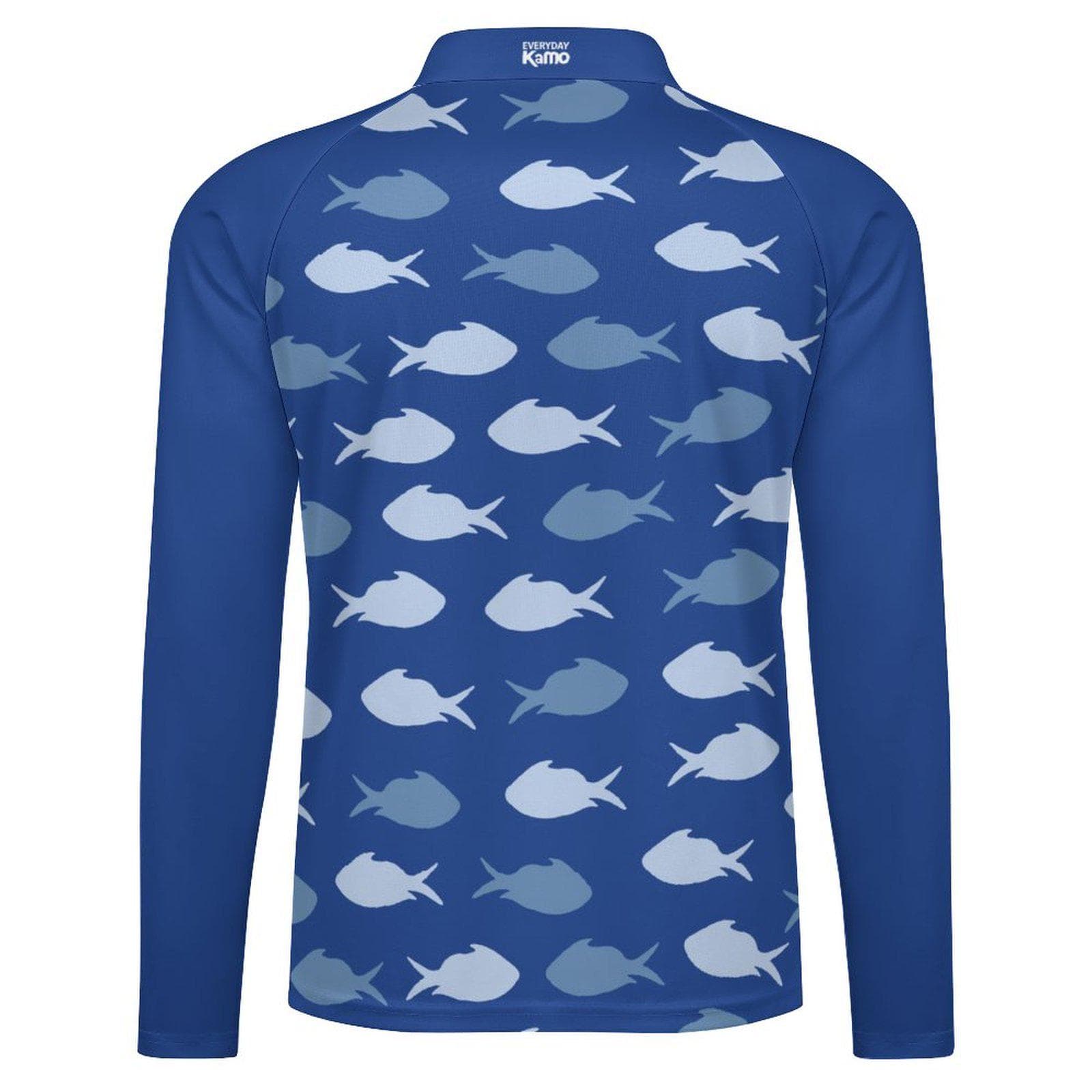 Men's Deep Blue Fish Pattern UV Protection Fishing Hoodie | Everyday Kamo Quarter-Zip Long Sleeve Fishing Shirt