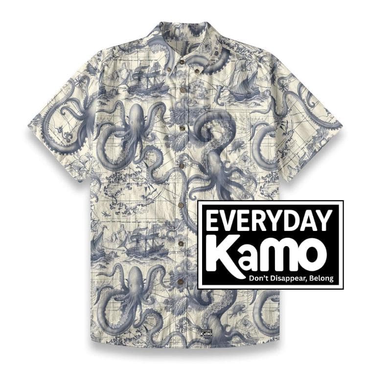 Men's Octopus Hawaiian Shirt, Vintage Nautical Map Slub Cotton Button-Up