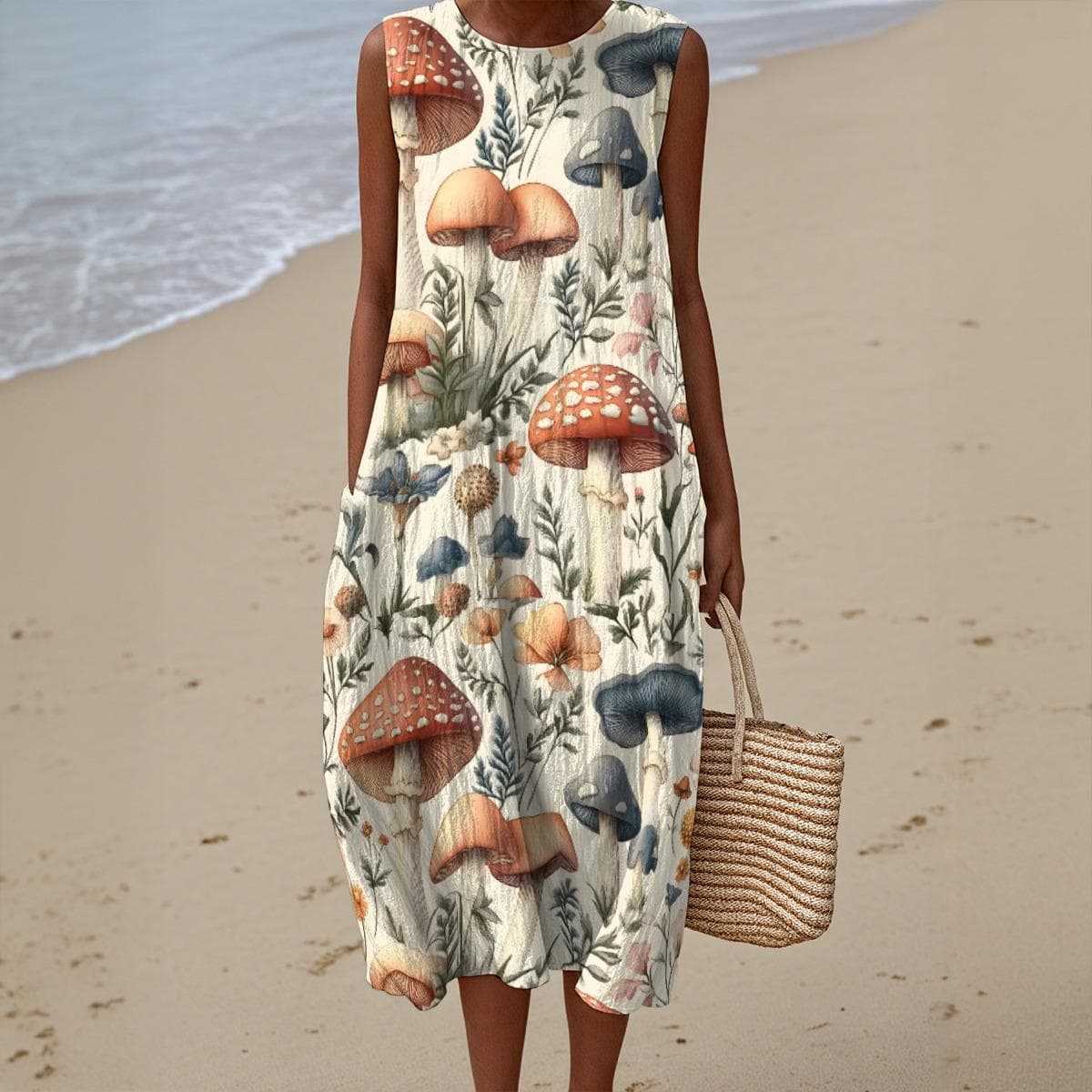 Mushroom Print Cotton Slub A-Line Dress | Made-to-Order Sleeveless