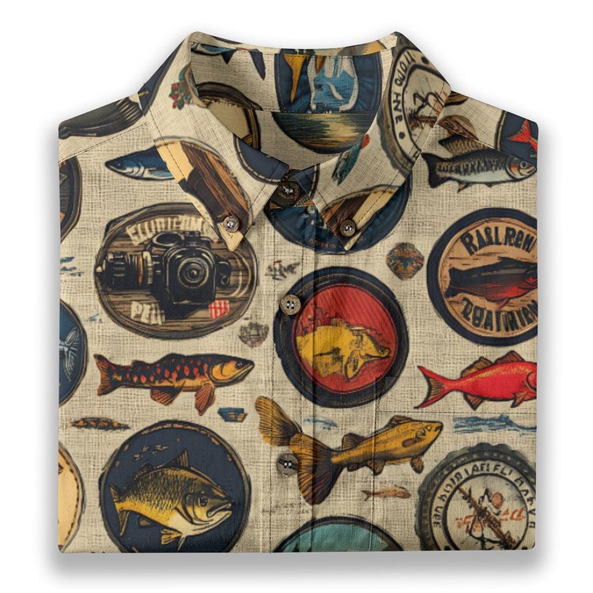 Vintage Fishing Print Slub Cotton Shirt | Hawaiian Outdoorsman Top