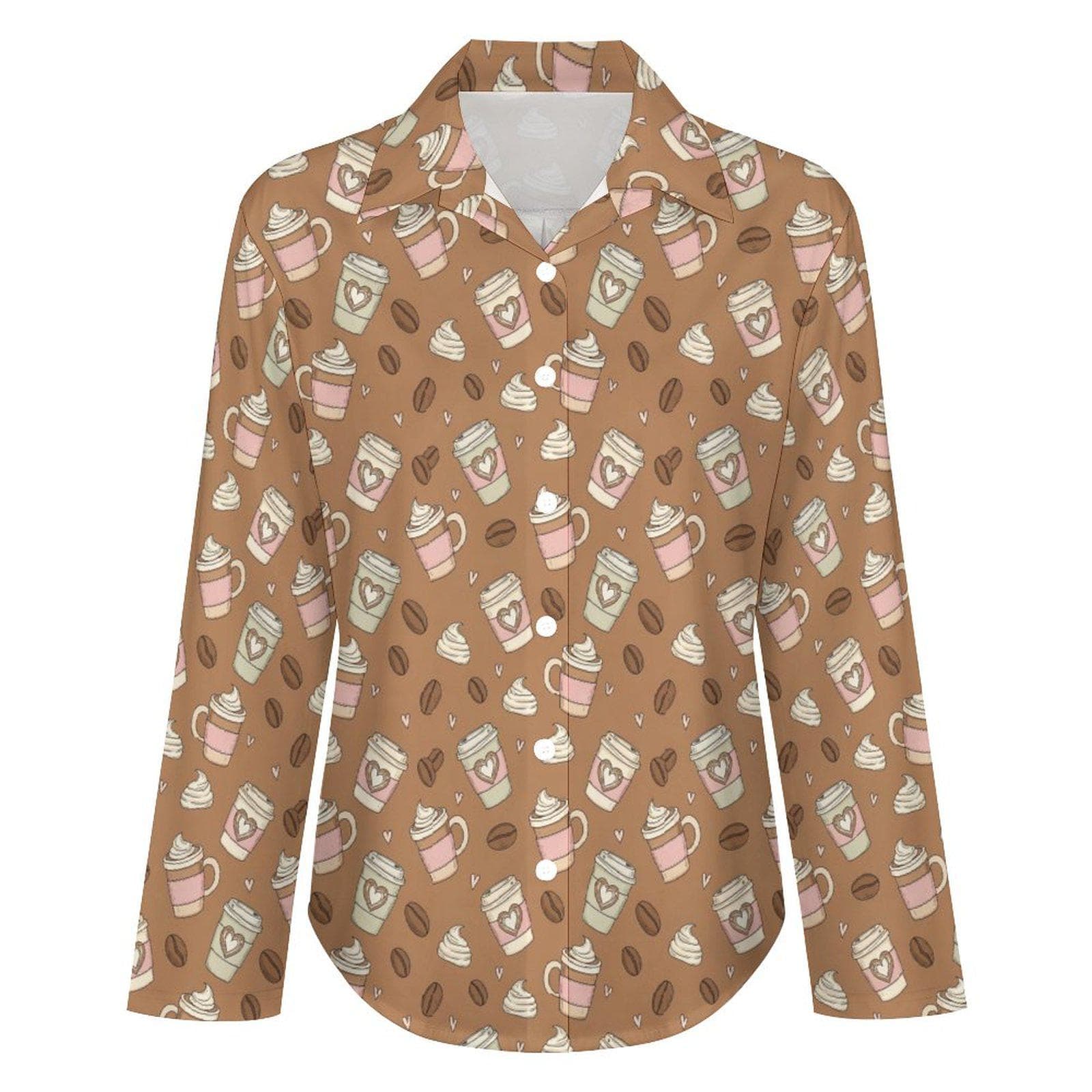 Coffee Lover Asymmetrical Hem Shirt | Women's Unique Coffee Bean & Latte Print Blouse | Casual Button-Up Top