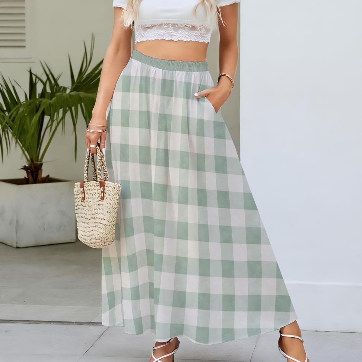 Light Green Gingham Maxi Skirt | Elastic Waist Lined Plaid Skirt