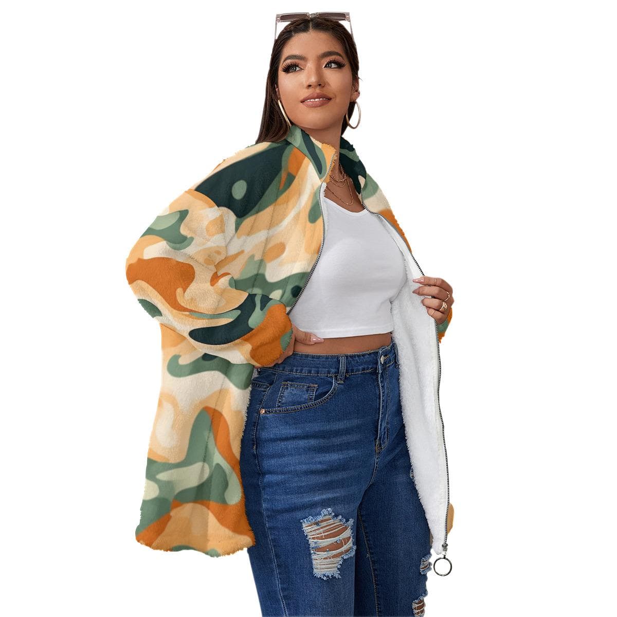 Abstract Camo Borg Fleece Jacket, Oversized Sherpa Coat