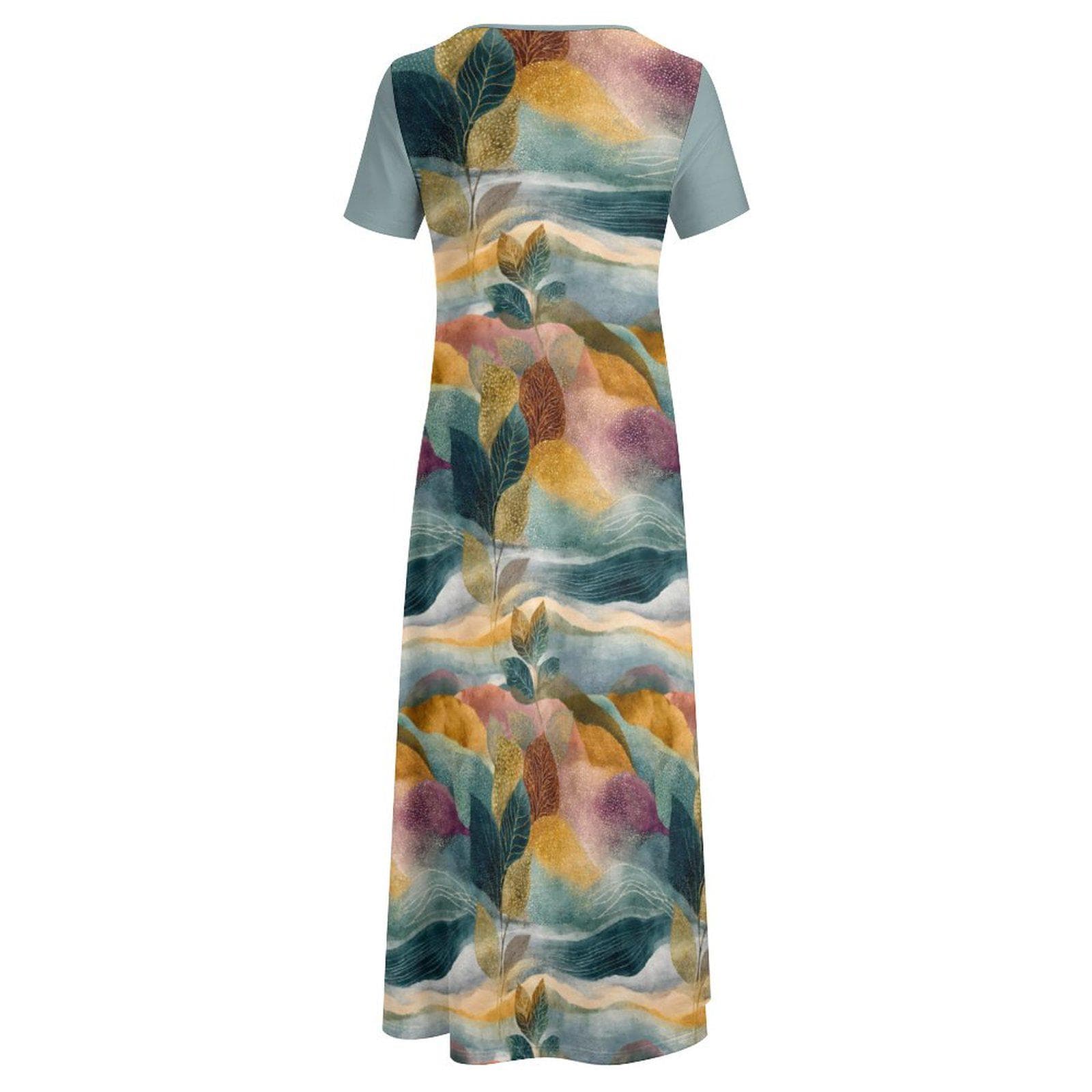 Watercolor Wanderlust Maxi Dress - Abstract Leaf Print Flowy Casual Gown - Comfortable Everyday Summer Dress