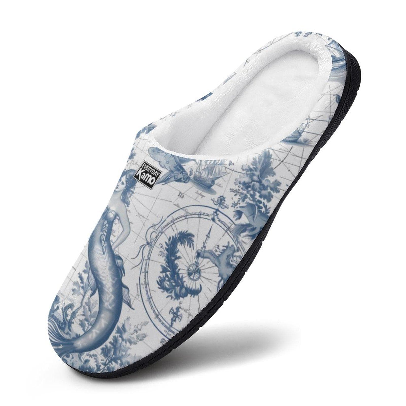 Enchanting Mermaid Toile Cotton Slippers for Women - Cozy Nautical House Shoes with Anti-Skid Sole