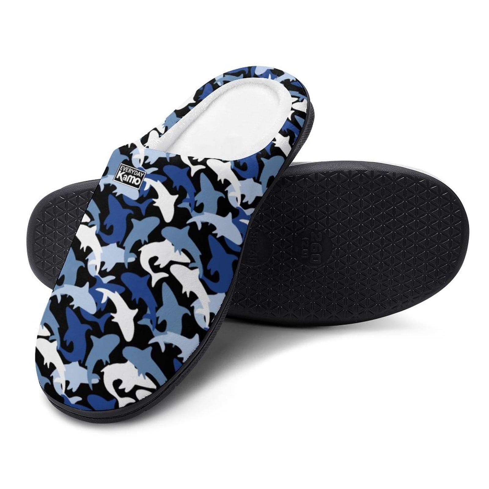 Everyday Kamo Men's Shark Camo Slippers | Cozy Blue Ocean Print House Shoes with Anti-Skid Sole