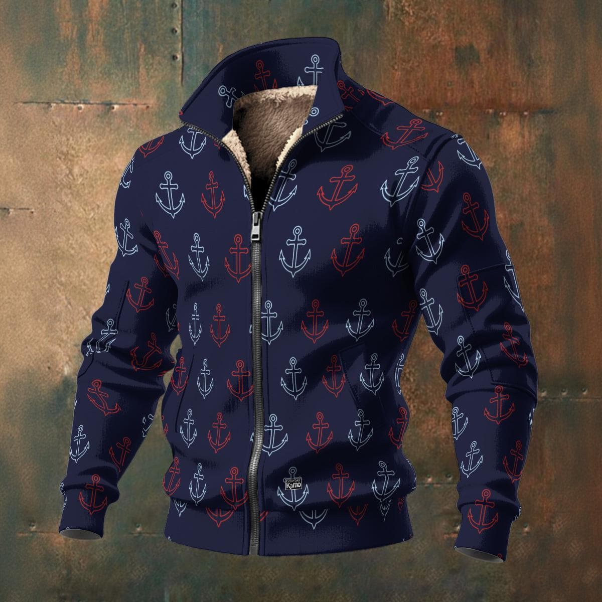 Men's Nautical Anchor Fleece Jacket - Maritime Zip-Up Sweatshirt