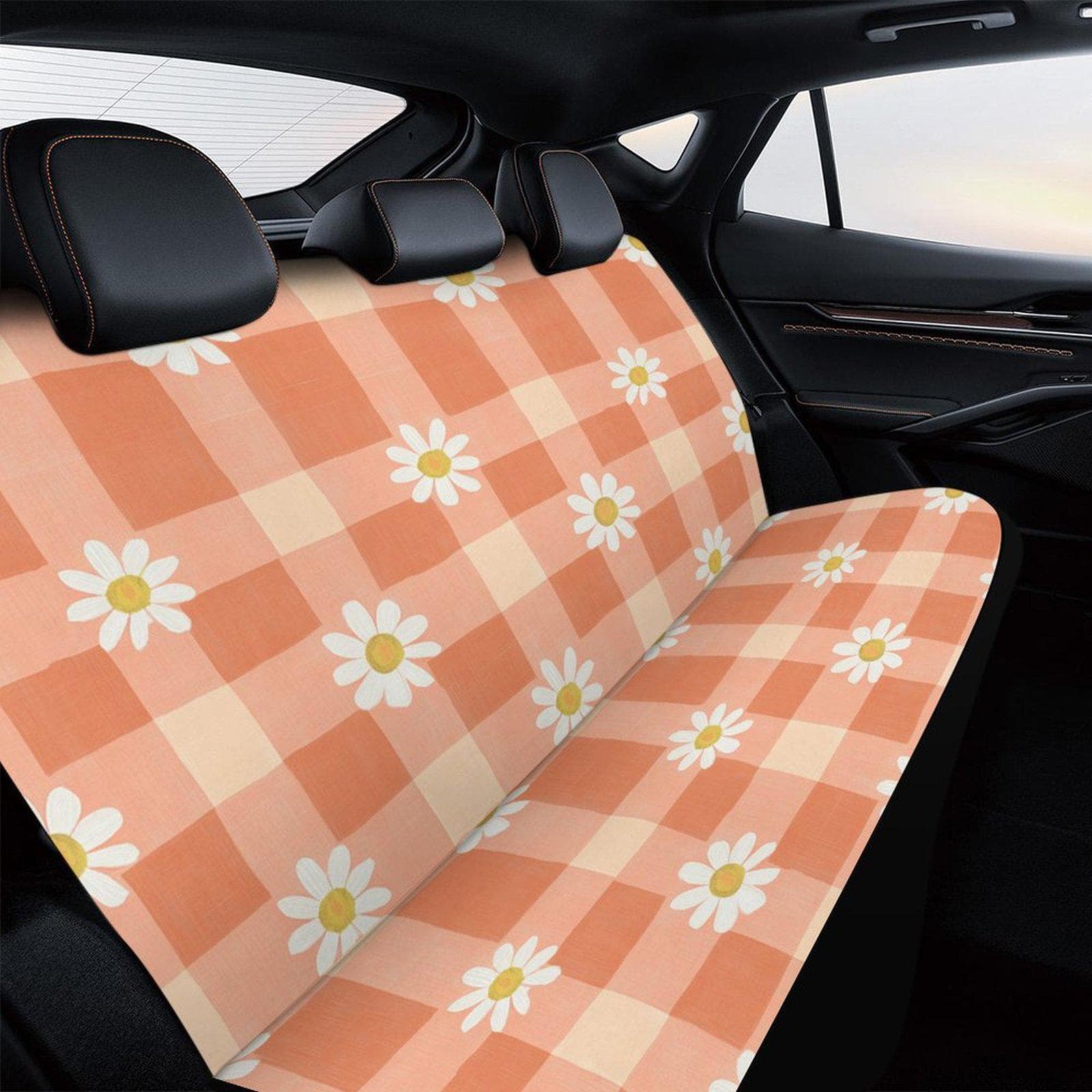 Peach Gingham Daisy Car Back Seat Cover | Universal Fit Boho Aesthetic