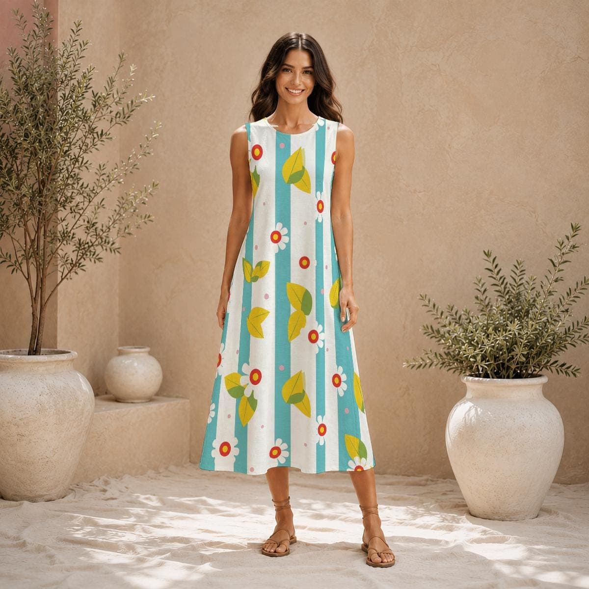Sleeveless Floral Stripe Cotton Slub Midi Dress, Summer Beach Vacation Relaxed A-Line Sundress, Women's Elegant Lightweight Casual