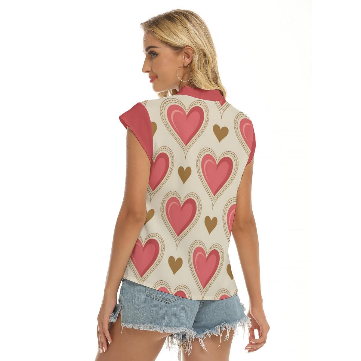 Charming Heart Print V-Neck Top | Women's Short Sleeve Love Blouse | Everyday Romantic Tee