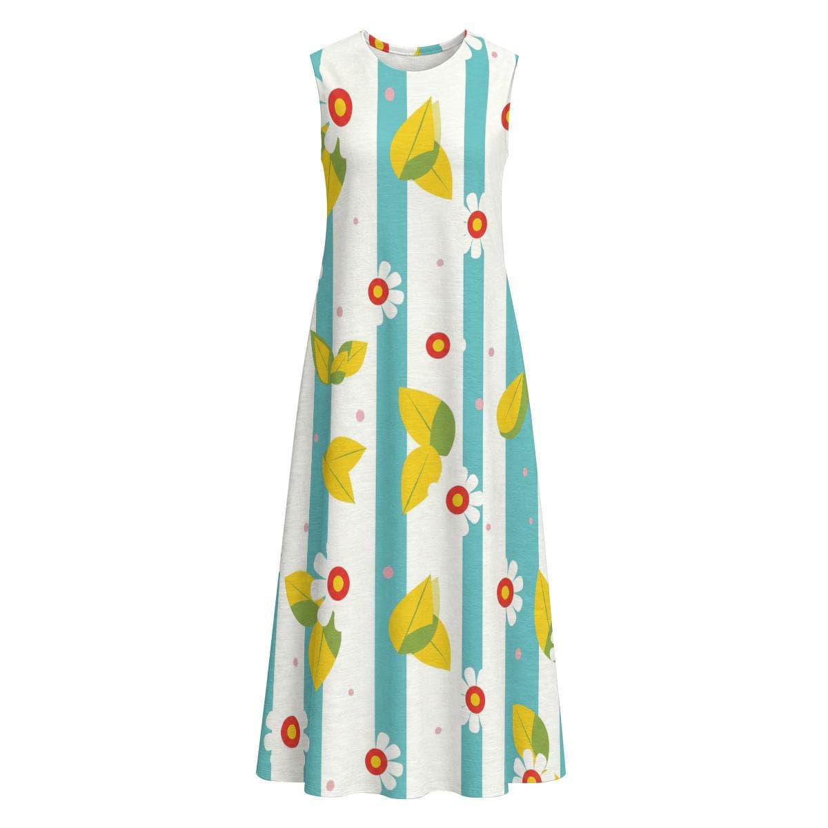 Sleeveless Floral Stripe Cotton Slub Midi Dress, Summer Beach Vacation Relaxed A-Line Sundress, Women's Elegant Lightweight Casual
