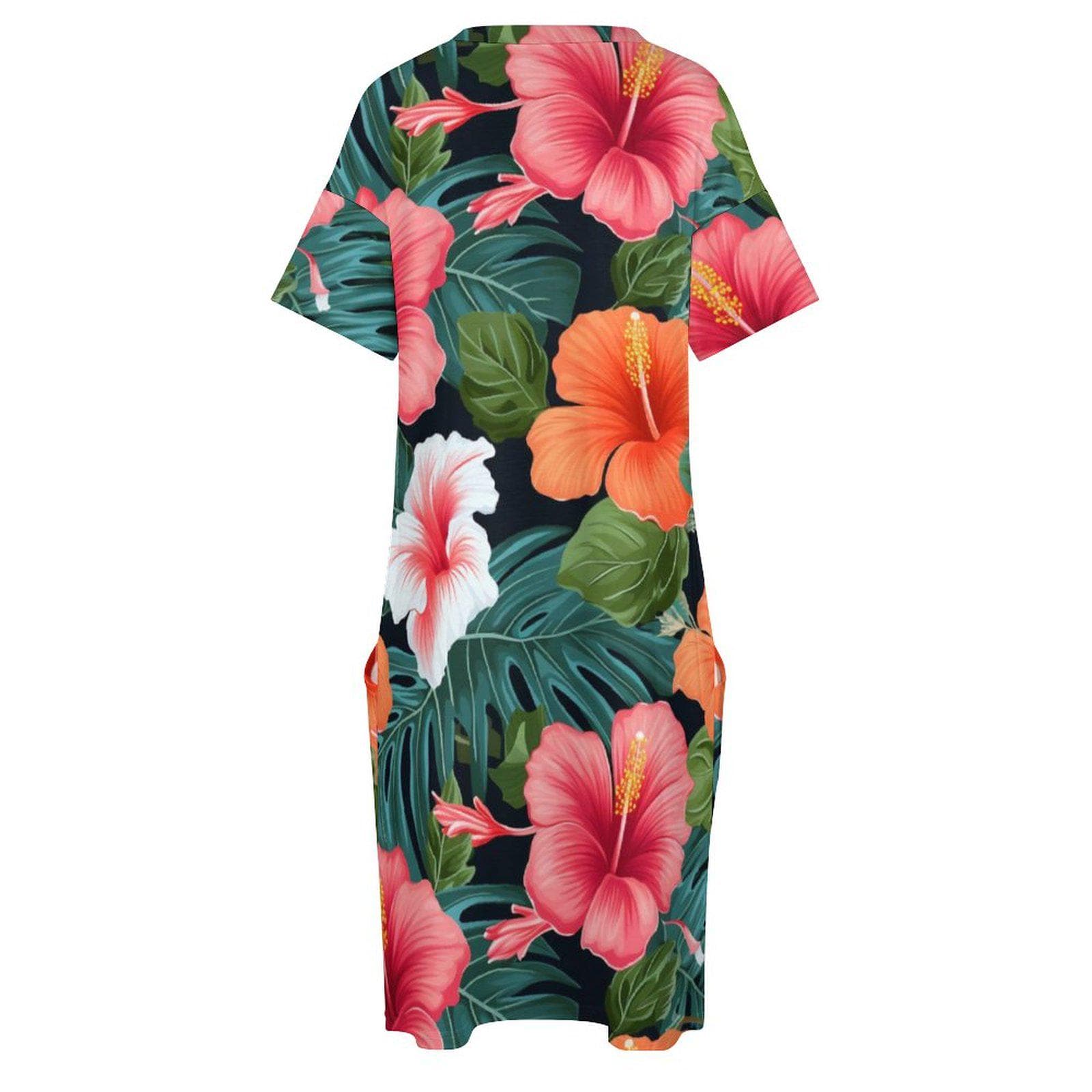 Vibrant Tropical Hibiscus Pocket Dress | Women's Floral Print V-Neck Summer Shift Mini
