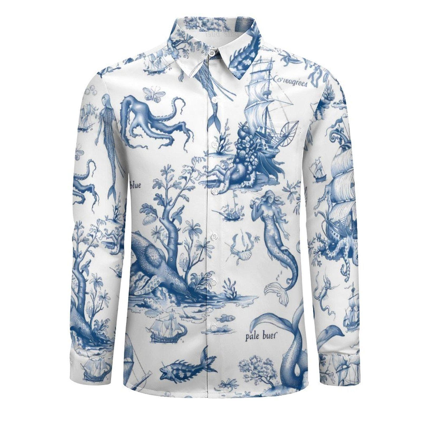 Men's Vintage Ocean Toile Long-Sleeve Shirt | Nautical Mythology Print V-Neck Button Up | Mermaids & Octopus Casual Top