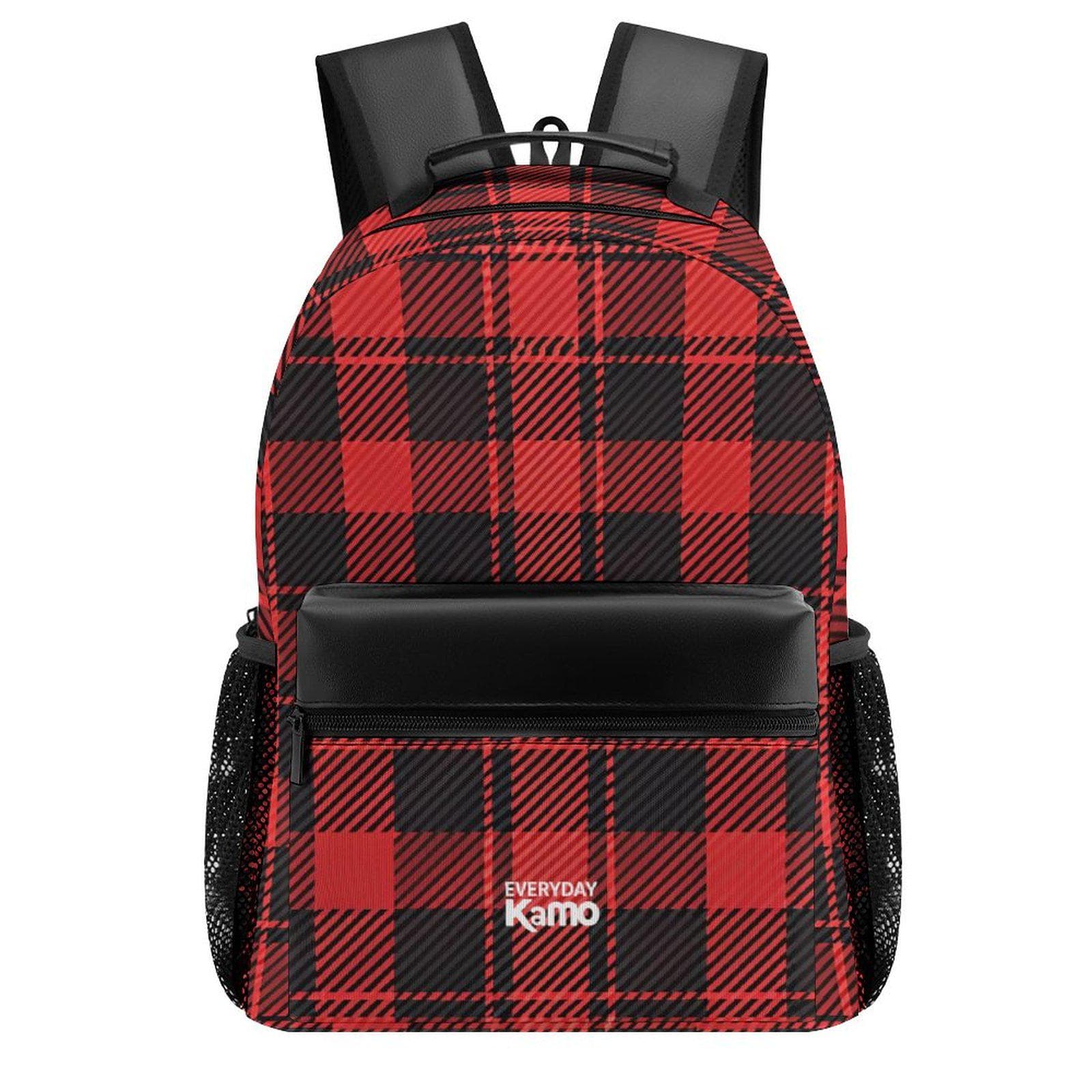 Everyday Kamo Plaid Power Backpack: Red & Black Buffalo Check Daypack with Leather Accents